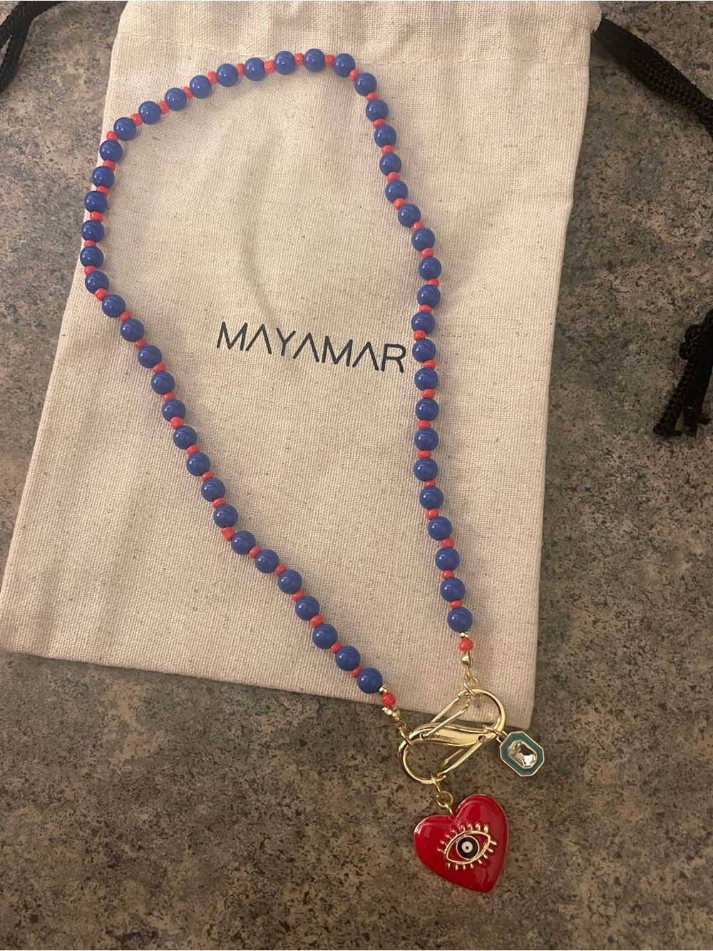 Mayamar Red & Blue Beaded Charm Necklace with Gold Accents